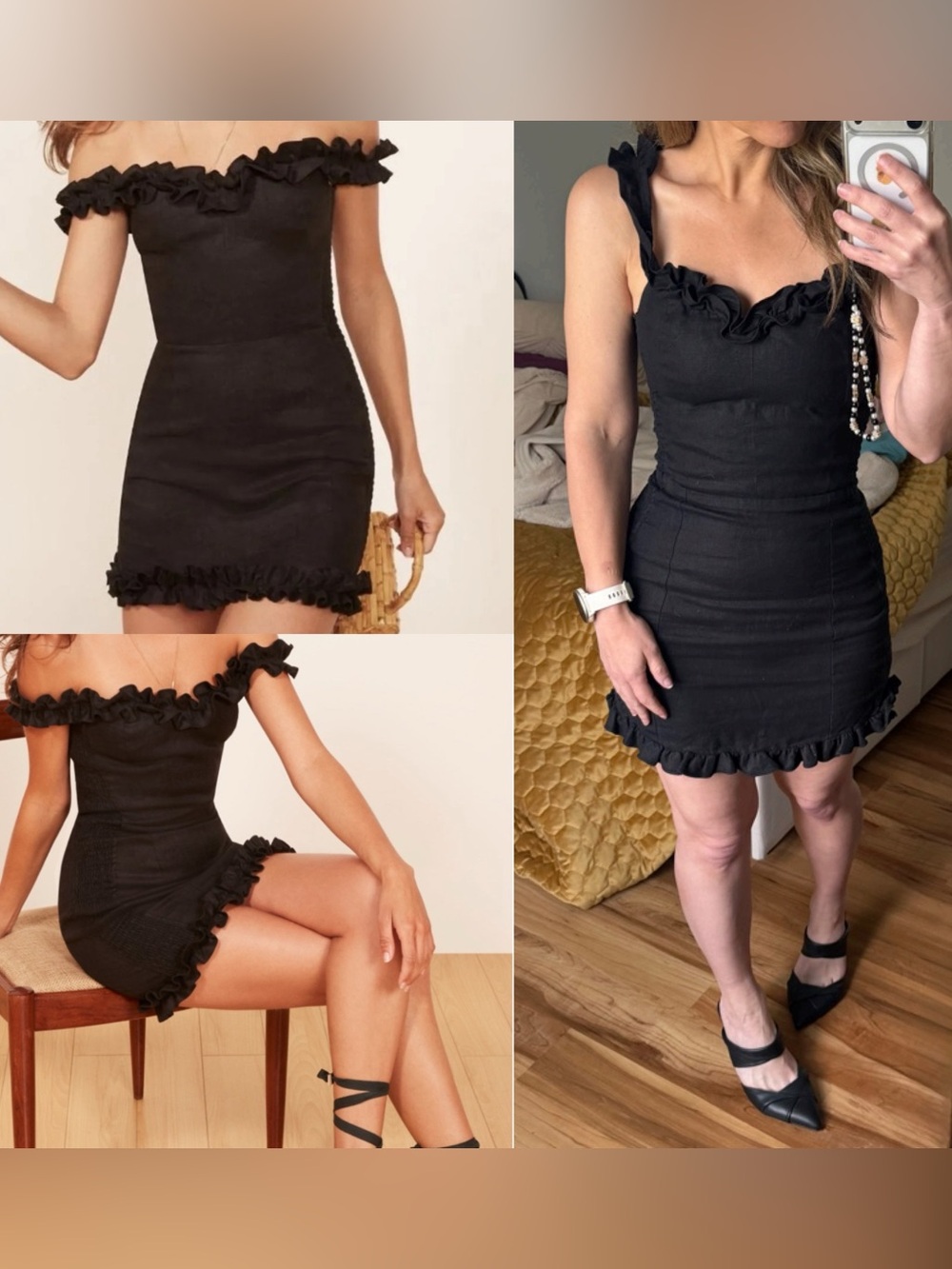 Reformation Bonita Dress 6 Black 100% Linen Ruffle Mini Smocked Preppy black